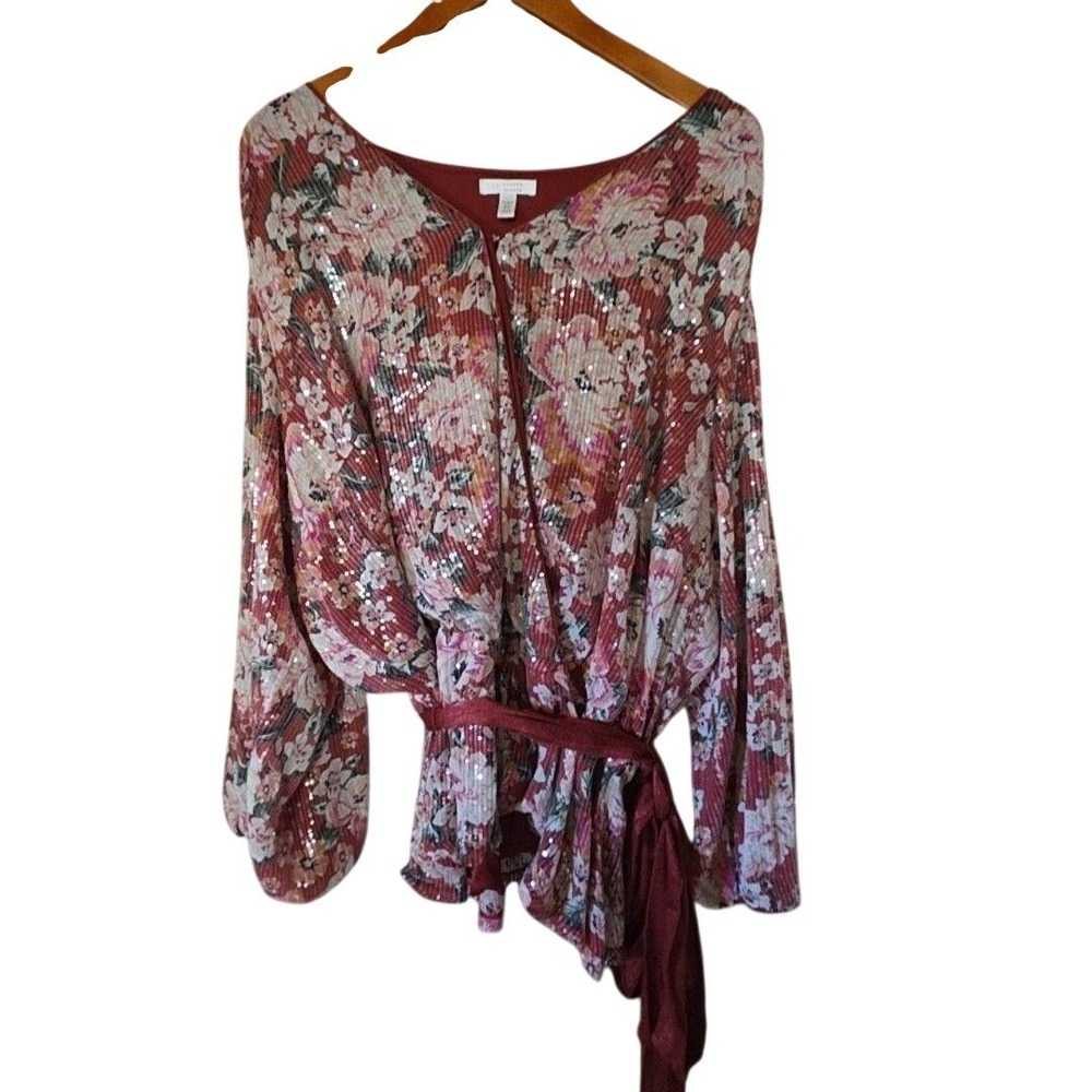 LC Lauren Conrad Sequin Floral Blouse Women 3X Red Pink Wrap Tie Top